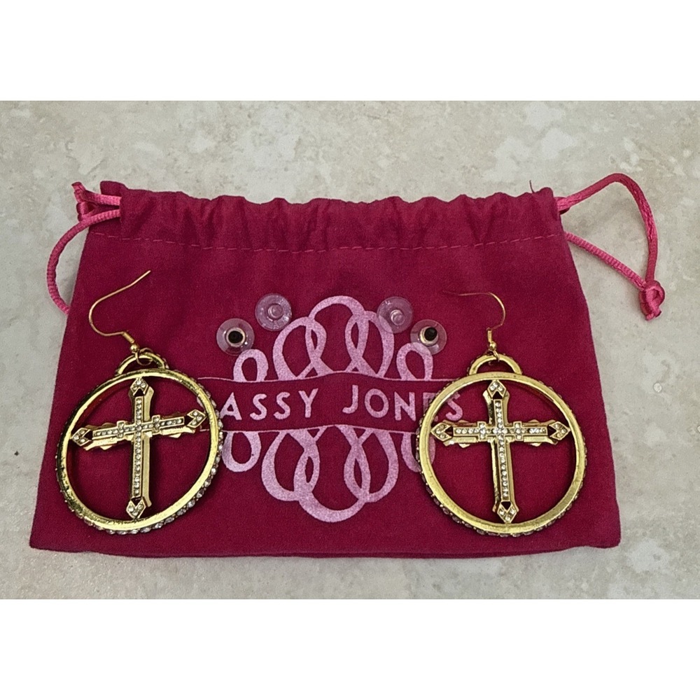 Sassy Jones Dangle Cross Gold Hoop Clear Stone Earrings Statement Glam Dust Bag